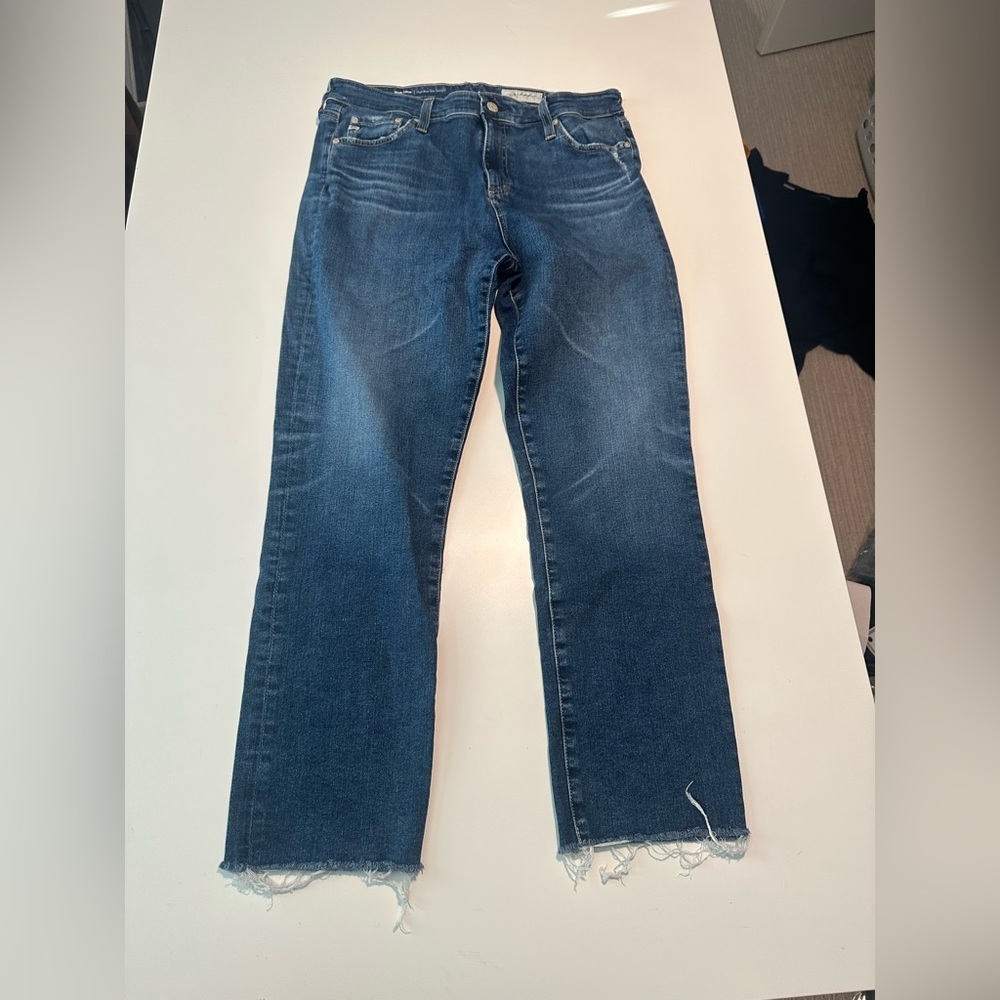 AG high rise slim straight mari crop blue jeans